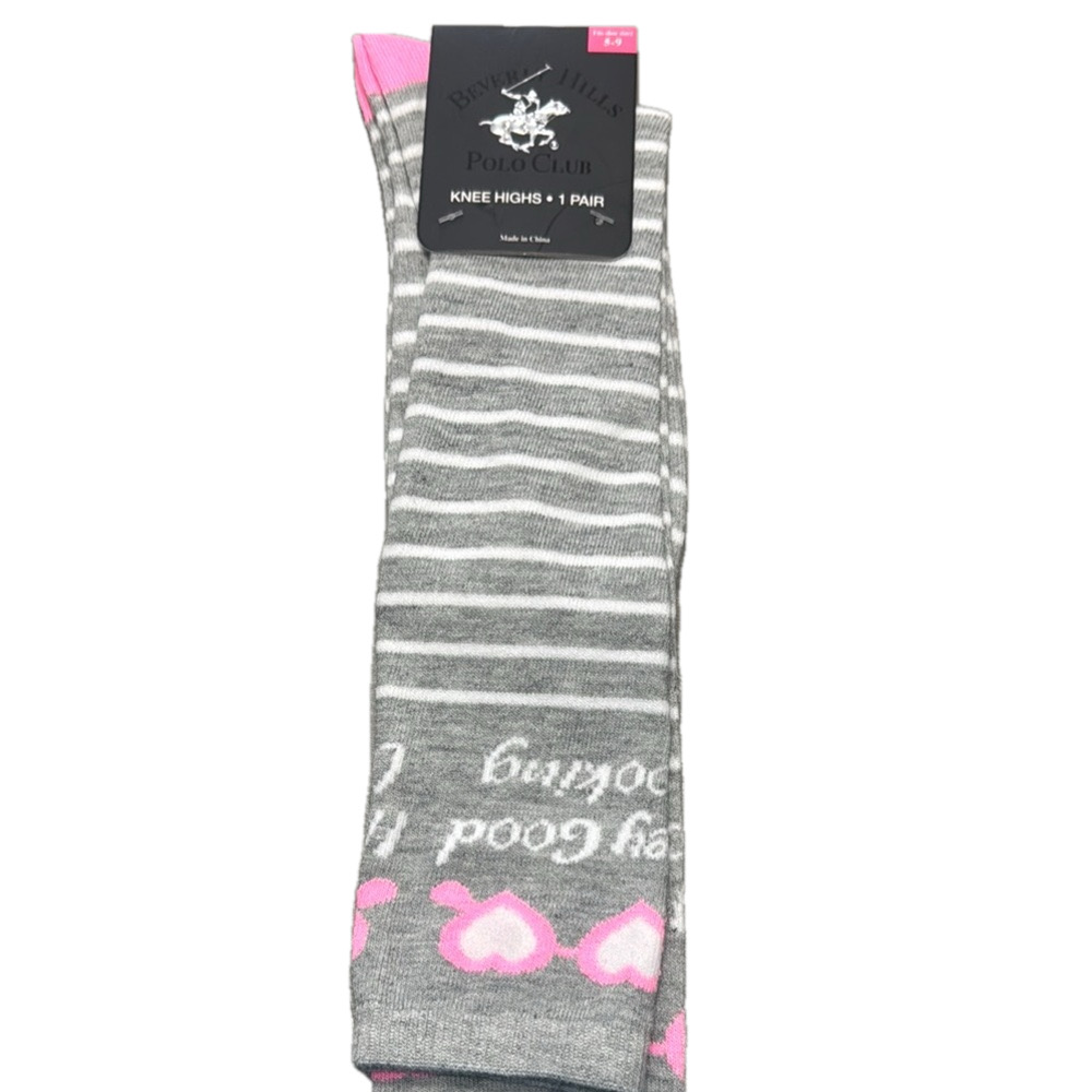 Beverly Hills Polo Club Hey Good Looking Gray and Pink Knee-High Socks NWT